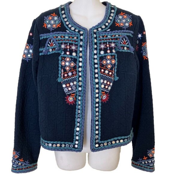 Temperance Embellished Open Front Jacket Quilted Blue Embroidery & Sequins - Picture 1 of 8